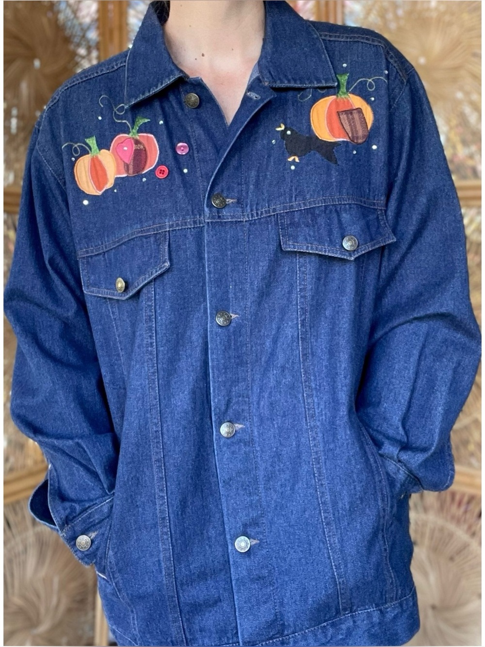 Vintage Quacker Factory Embroidered Denim Halloween Scarecrow Pumpkin Jacket - Picture 3 of 10